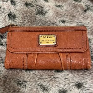 Fossil Tan Leather Clutch with Logo Plaque